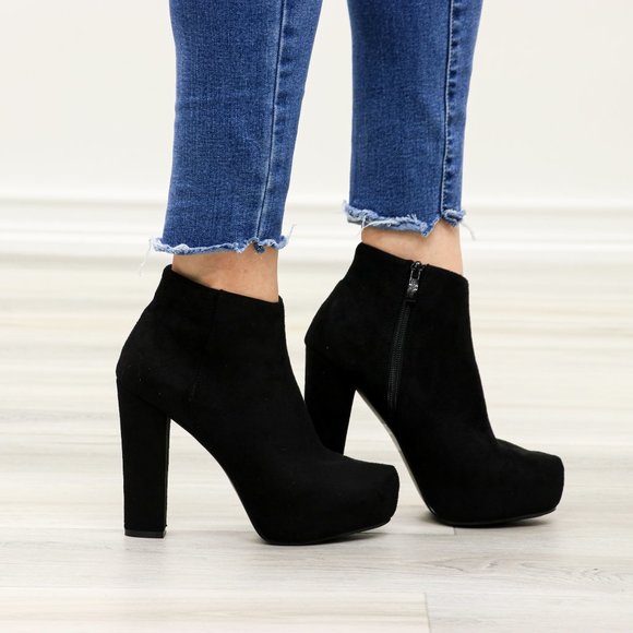 Platform Black Suede Ankle Heeled Booties - Picture 9 of 12
